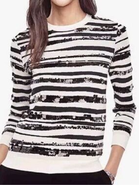 NWT💕Ann Taylor Sequin Striped Knit Top,  Ivory Black | Sz M